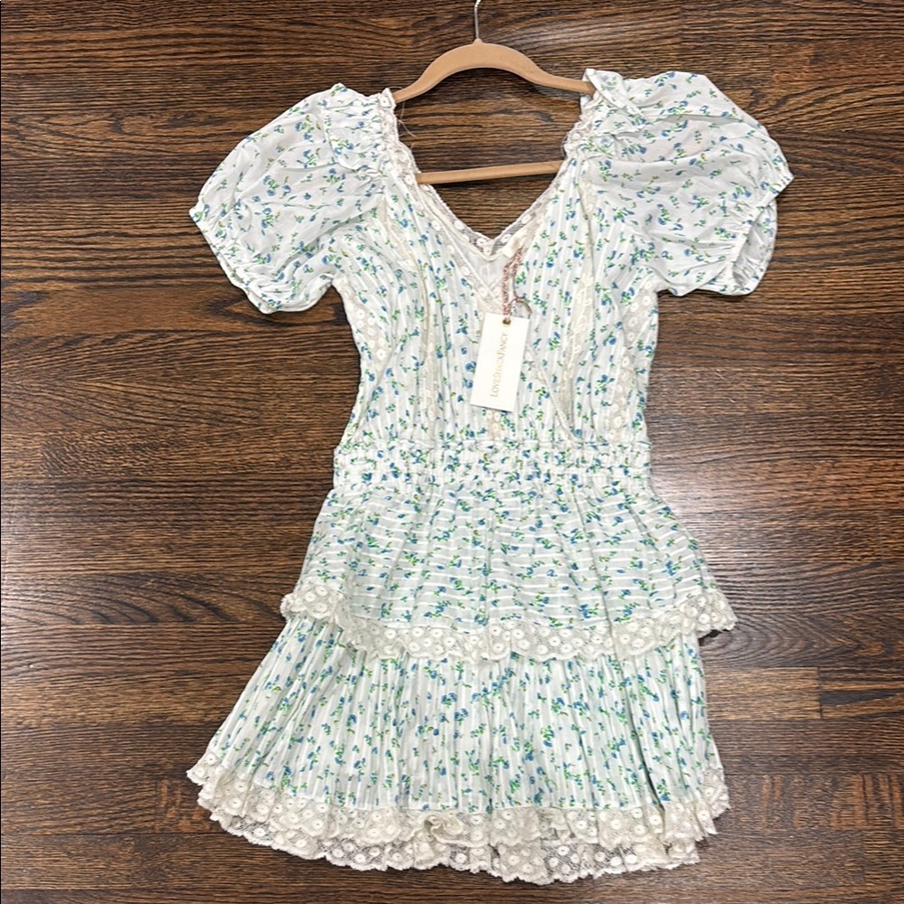 LoveShackFancy White Dress with Blue and Green Floral Pattern